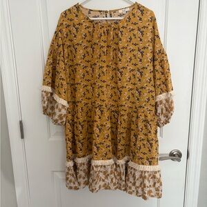 Easel Floral Mustard Yellow Fringe Mini Dress - Small